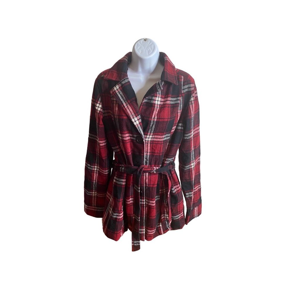 Joujou red and black belted plaid coat size S